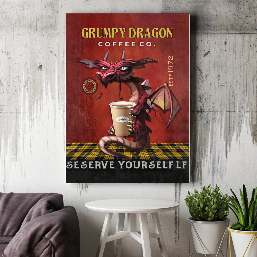 Grumpy Dragon Coffee Sign Canvas Wall Art | Funny Coffee Lover Illustration | Premium Gallery Wrap Decor | Unique Kitchen Coffee Bar Gift