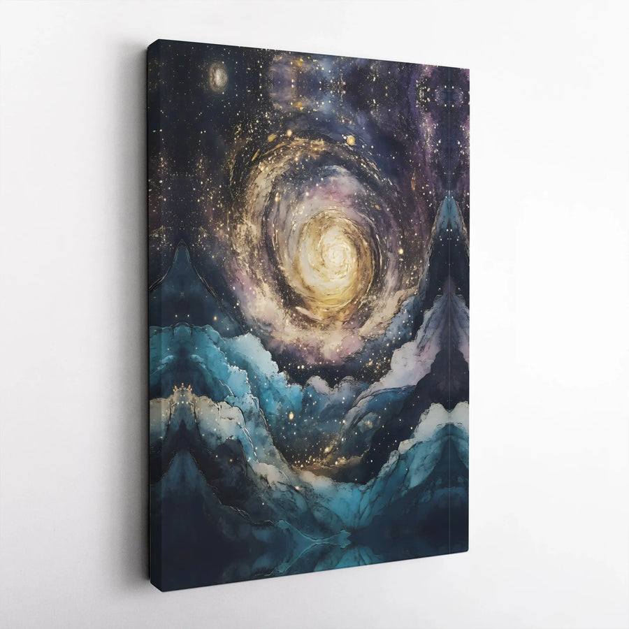 Galaxy Wall Art Canvas | Swirling Cosmic Nebula Over Blue Mountains | 1.25 Inch Premium Gallery Wrap | Modern Space Decor Gift For Home Office