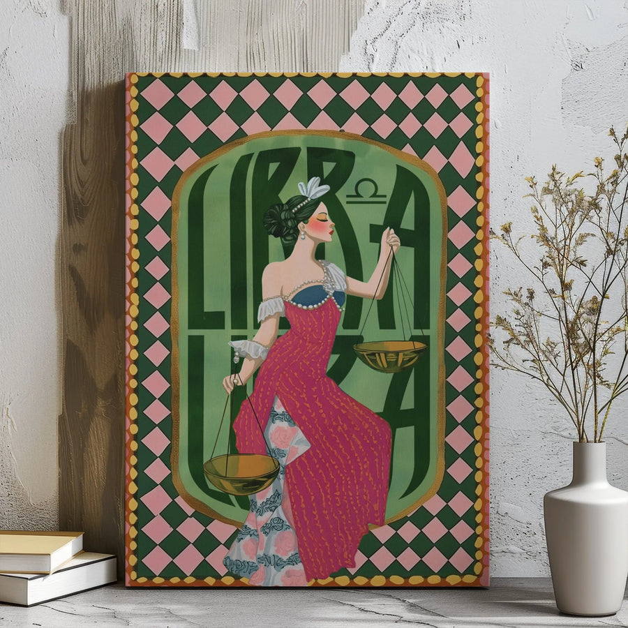 Libra Zodiac Wall Art | Retro Astrology Woman With Scales | Premium Stretched Gallery Wrap Canvas | Unique Birthday Gift for Her