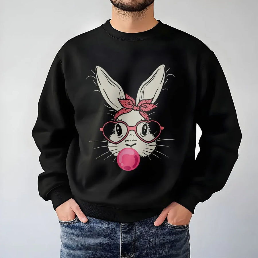 Easter Bunny Sweatshirt | Cute Rabbit With Bubble Gum Graphic | Premium Cotton Blend Crewneck | Fun Spring Holiday Gift For Women And Kids