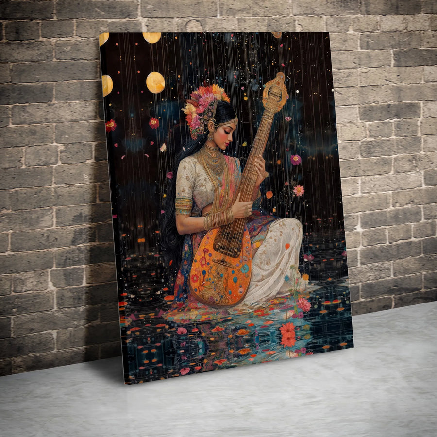 Saraswati Veena Canvas Wall Art | Goddess of Music Celestial Pond Print | Premium Gallery Wrapped Canvas | Spiritual Home Decor Gift for Music Lovers