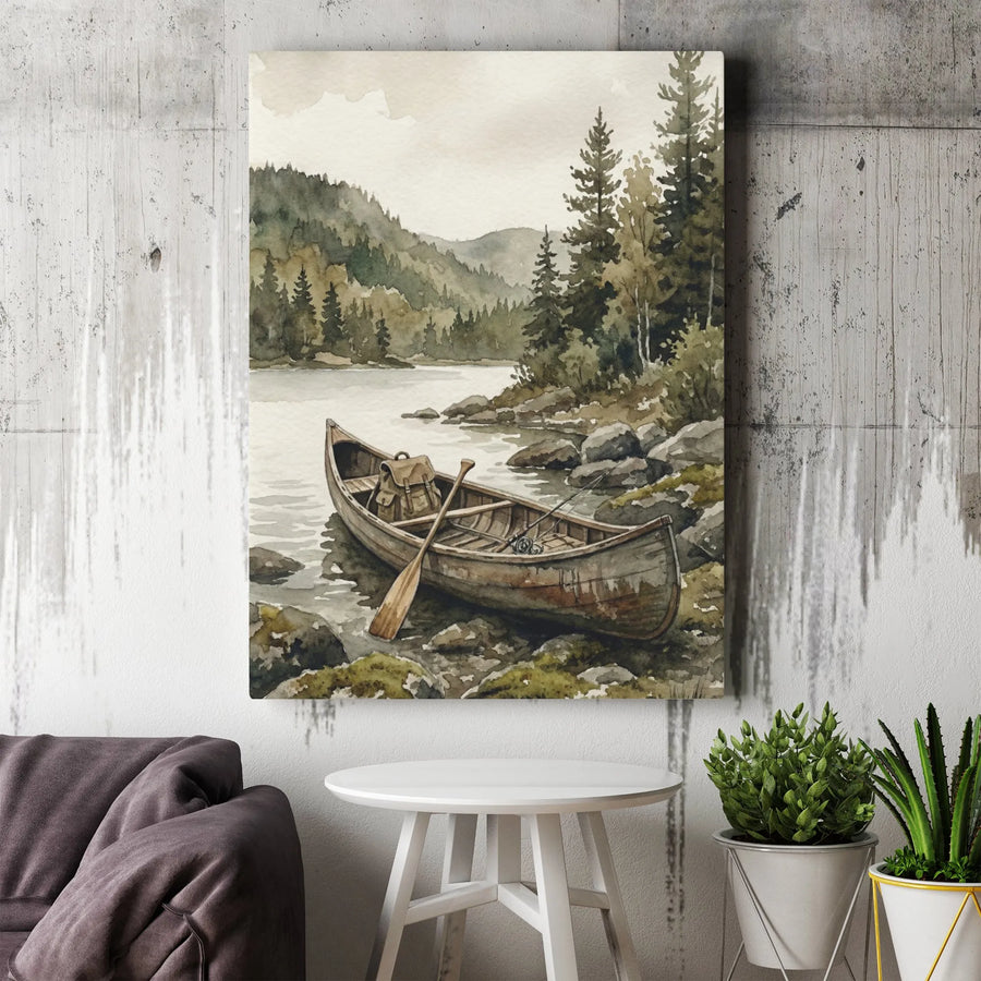 Canoe on Lake Canvas Wall Art | Watercolor Landscape Painting | Premium Canvas Print | Rustic Cabin Decor Gift for Outdoorsman