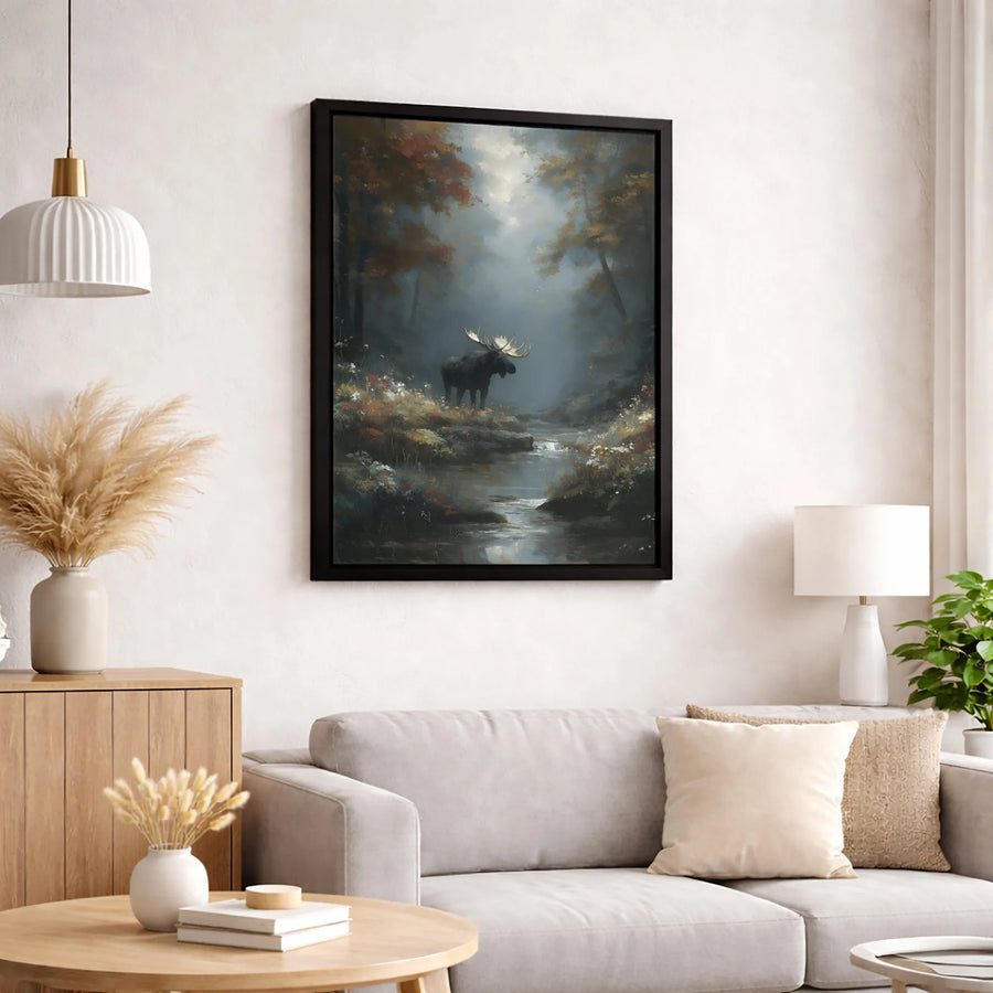 Moose Canvas Wall Art | Misty Autumn Forest Stream Painting | Premium Gallery Wrapped Decor | Wildlife Lodge Decor Nature Gift