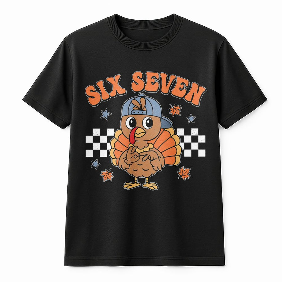 Six Seven Birthday Turkey T-Shirt | Retro Checkerboard Thanksgiving Design | Soft Premium Cotton Tee | Funny Fall Outfit for Kids and Adults