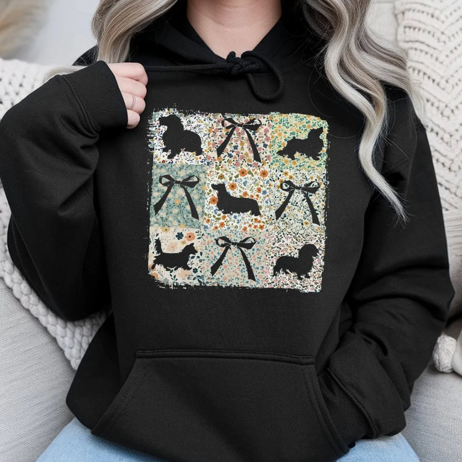 Long Haired Dachshund Hoodie | Floral Boho Aesthetic Dog Mom Design | Premium Cotton Blend Sweatshirt | Unique Gift for Dachshund Lovers
