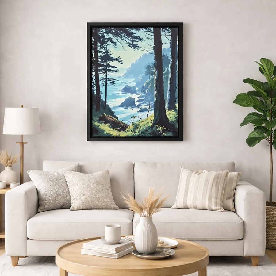Pacific Northwest Coastal Canvas Wall Art | Moody Forest & Ocean View | Premium 1.25-Inch Gallery Wrap | Nature-Inspired Home Decor Gift