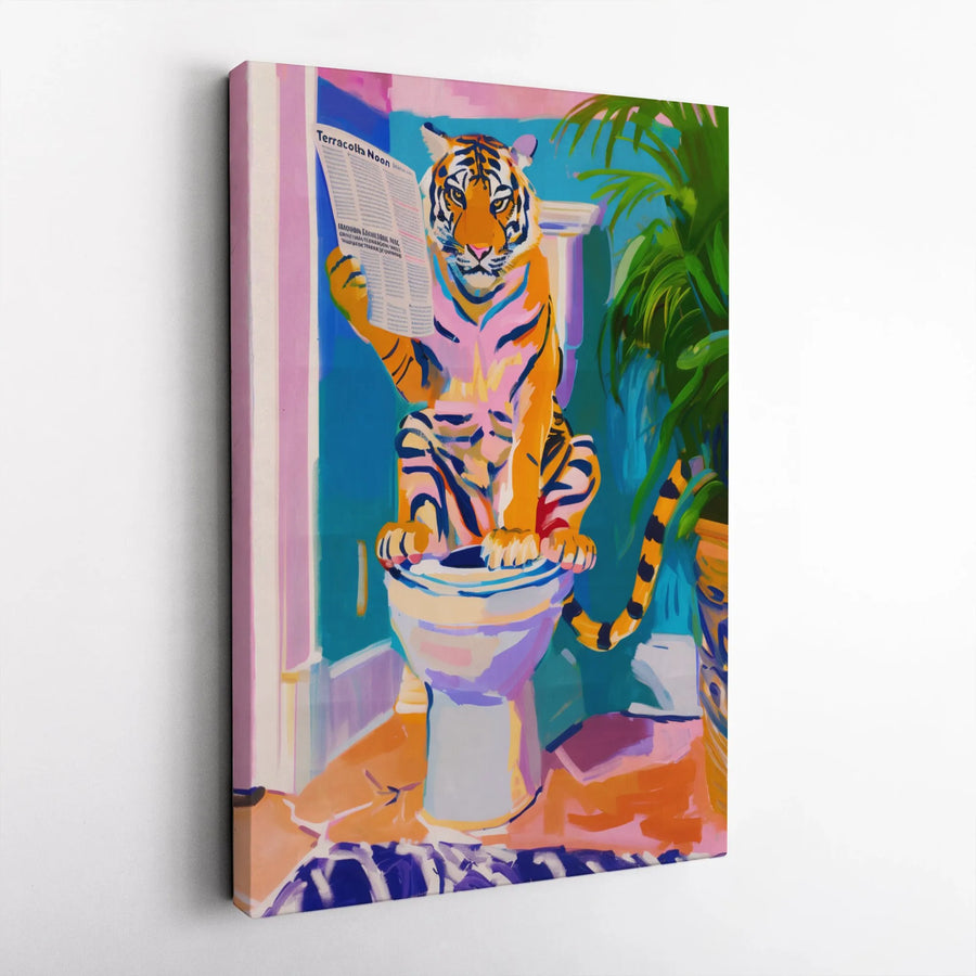 Tiger Reading Newspaper On Toilet Canvas Art | Funny Bathroom Wall Decor | Premium Gallery Wrap Print | Whimsical Animal Portrait Gift