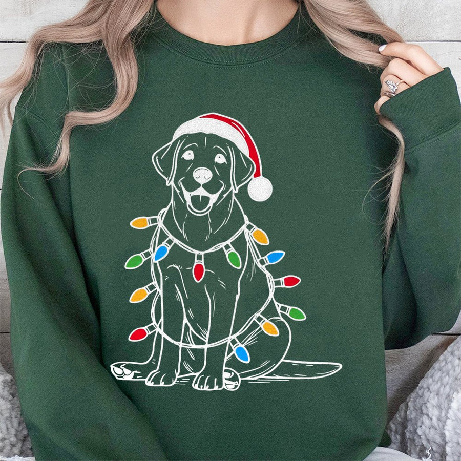 Labrador Christmas Sweatshirt | Santa Hat Dog With Fairy Lights Design | Premium Cotton Blend Crewneck | Cozy Holiday Gift For Dog Lovers