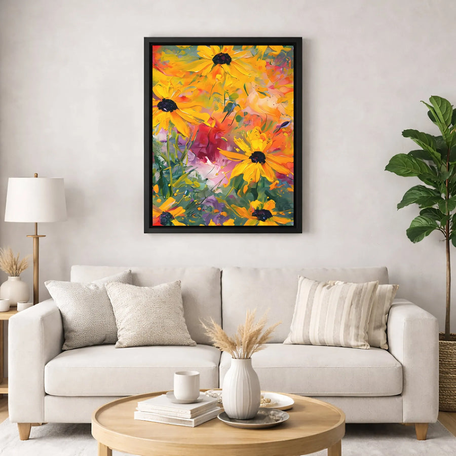 Black-Eyed Susan Canvas Wall Art | Abstract Impasto Floral Painting | Premium Gallery-Wrapped Print | Vibrant Home Decor Gift