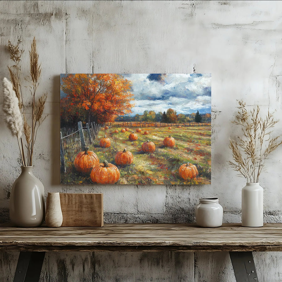 Autumn Pumpkin Patch Wall Art | Impressionist Country Landscape Print | Premium 1.25-Inch Thick Gallery Canvas | Seasonal Farmhouse Home Decor Gift