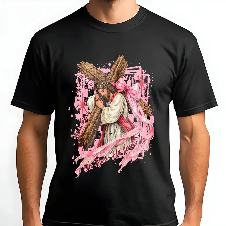 He is Risen T-Shirt | Jesus Carrying Cross Graphic | Premium Cotton Blend | Christian Faith Easter Gift for Women