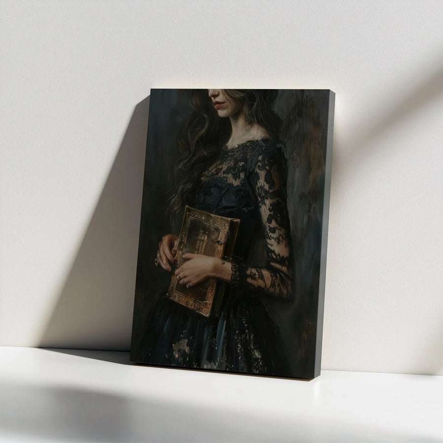Gothic Woman Canvas Wall Art | Dark Academia Lace Dress Portrait | Premium Gallery Wrap Canvas | Moody Witchy Home Decor Gift