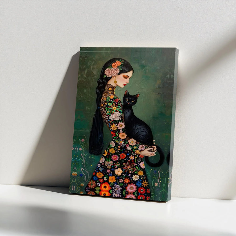 Black Cat Wall Art | Whimsical Woman in Floral Dress Illustration | Premium Gallery Wrapped Canvas | Moody Botanical Home Decor Gift