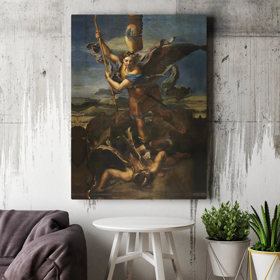St. Michael Vanquishing Satan Canvas | Renaissance Religious Wall Art | Premium Gallery Wrap Print | Catholic Home Decor Gift