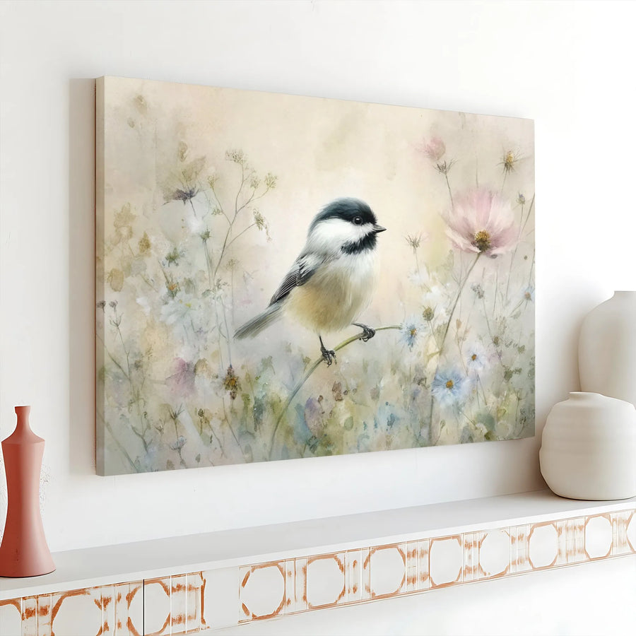 Chickadee Canvas Wall Art | Watercolor Bird & Wildflower Painting | Premium Gallery Canvas | Cottagecore Nature Decor Gift