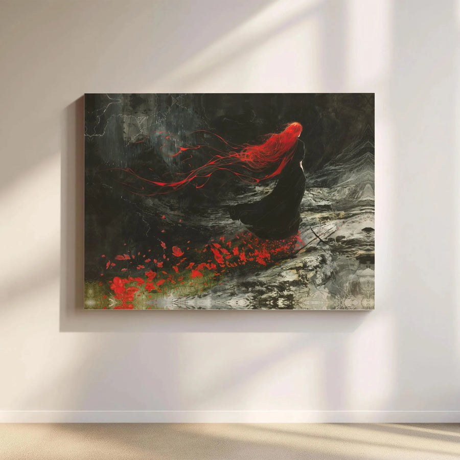 Gothic Woman Canvas Wall Art | Red Hair & Poppy Field Fantasy Print | Premium Gallery-Wrapped Canvas | Collector's Moody Home Decor Gift
