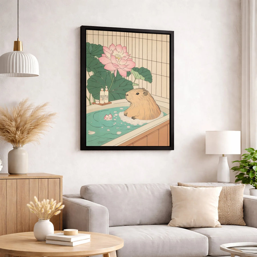 Capybara Wall Art | Japanese Ukiyo-e Style Bathing Print | Premium Gallery Wrap Canvas | Unique Animal Home Decor Gift