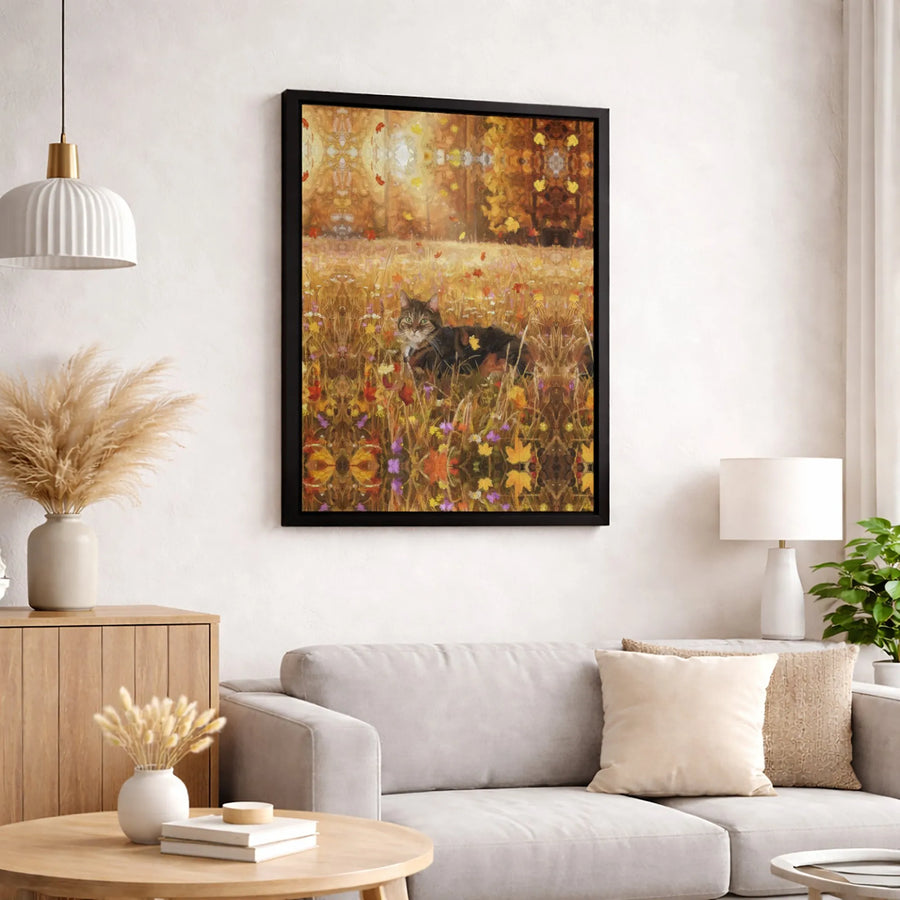 Tabby Cat Canvas Wall Art | Impressionist Autumn Meadow Landscape | Premium Fade-Resistant Gallery Wrap | Cozy Fall Home Decor Gift