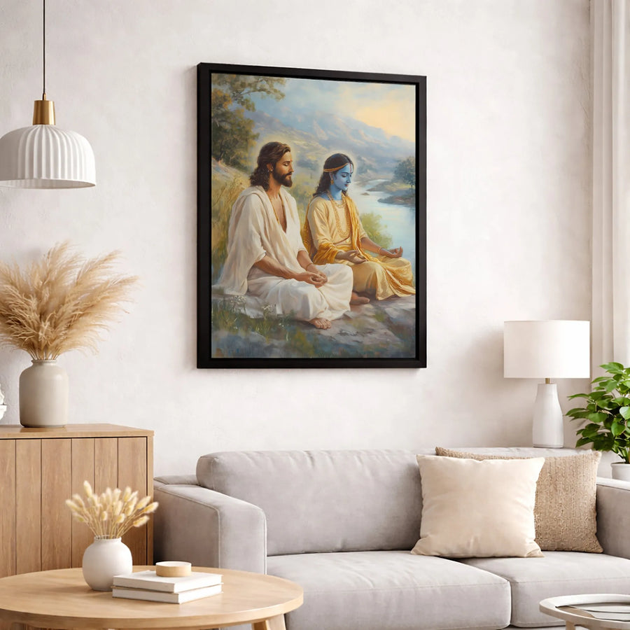Jesus and Krishna Meditating Canvas Print | Spiritual Unity Wall Art | Premium Gallery Wrapped Decor | Gift for Interfaith Peace