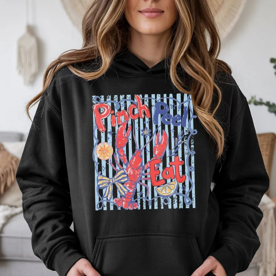 Crawfish Boil Hoodie | Pinch Peel Eat Retro Graphic | Premium Cotton-Blend Sweatshirt | Southern Foodie Gift for Crawfish Season