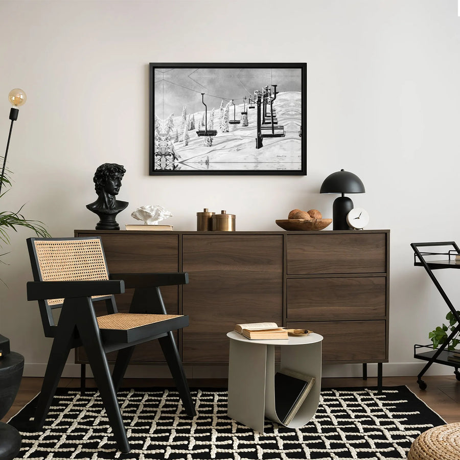 Ski Lift Wall Art | Black and White Snowy Mountain Landscape | Gallery Quality Canvas Print | Winter Sports Cabin Decor