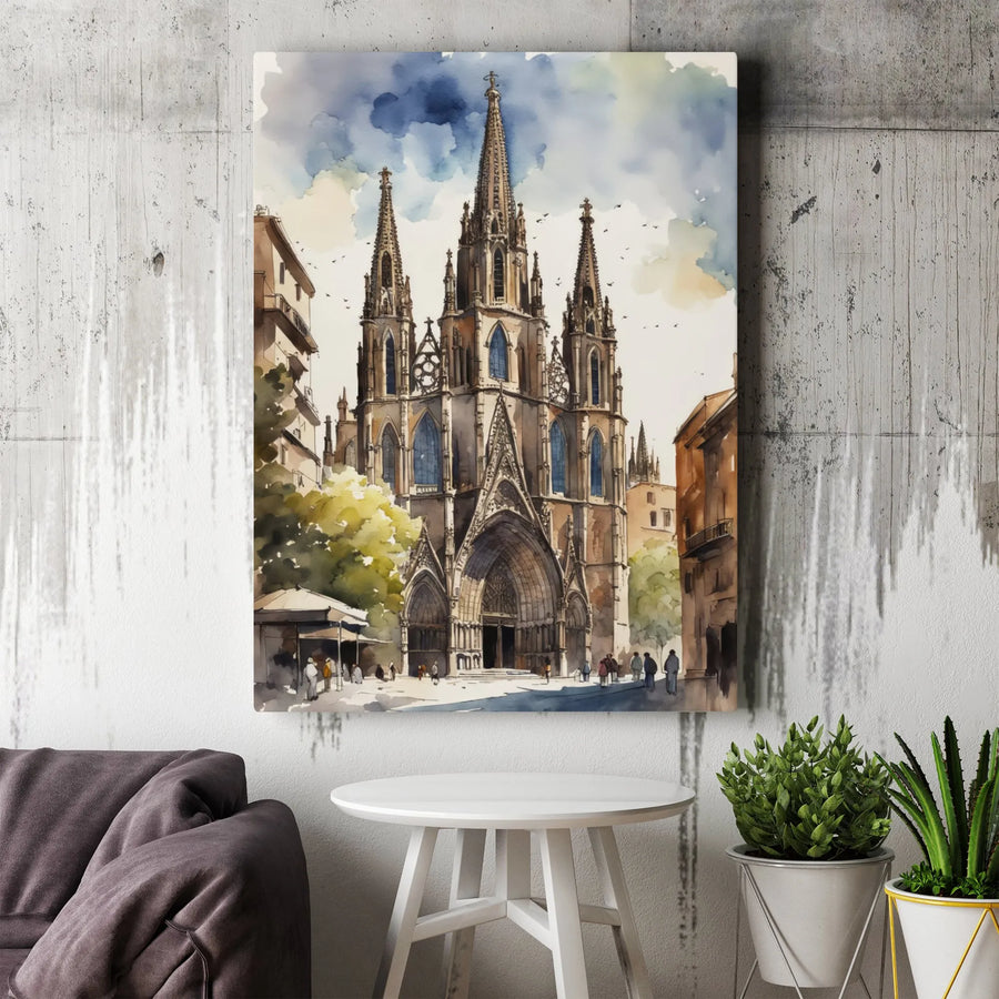 Barcelona Cathedral Canvas Print | Watercolor Gothic Architecture Wall Art | Premium 1.25" Gallery Wrap | Travel Gift for Home Decor