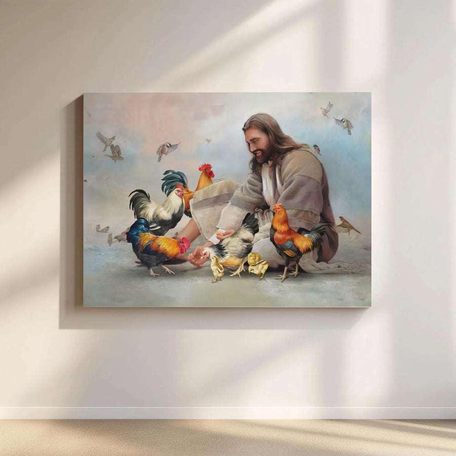 Jesus Feeding Chickens Canvas Print | Religious Farmhouse Wall Art | Premium Fade-Resistant Gallery Wrap | Faithful Christian Home Decor Gift