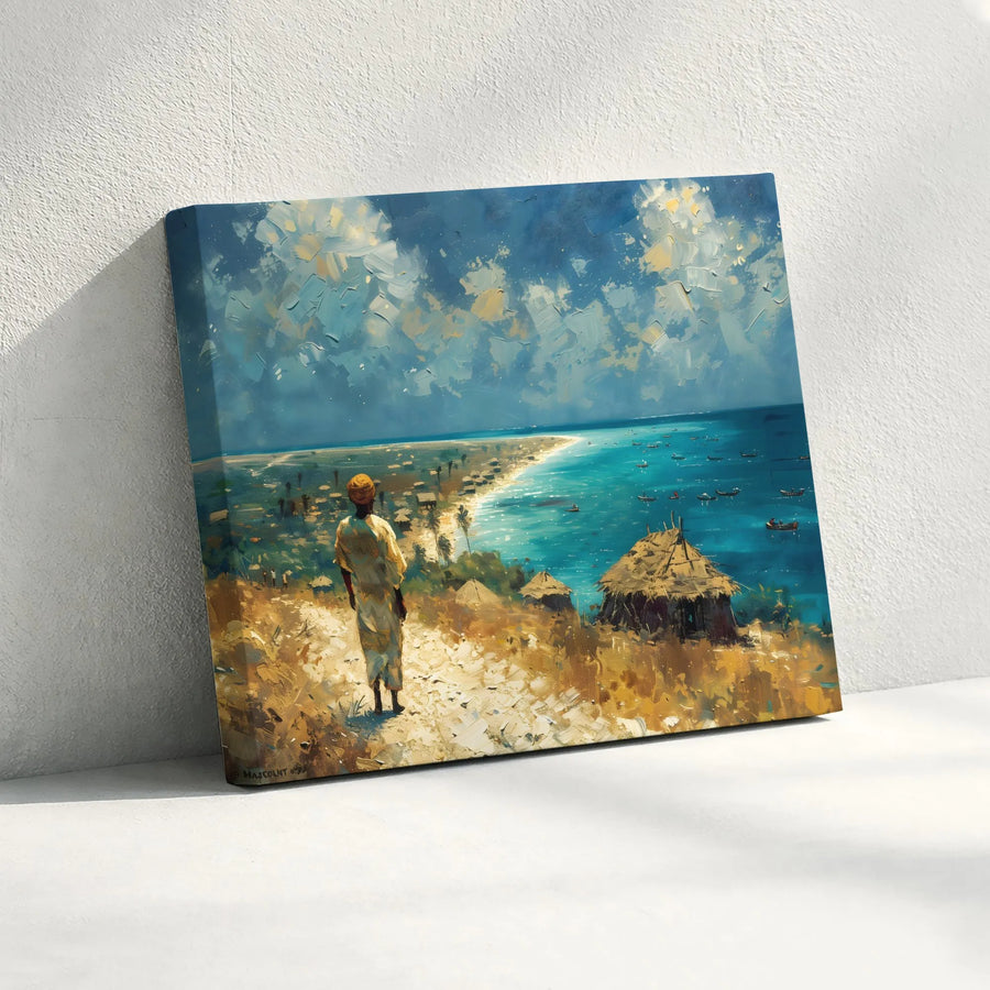 African Coastal Landscape Canvas Wall Art | Impressionist Seascape Painting with Fishing Boats | Gallery Wrap Premium Decor | Living Room Home Gift