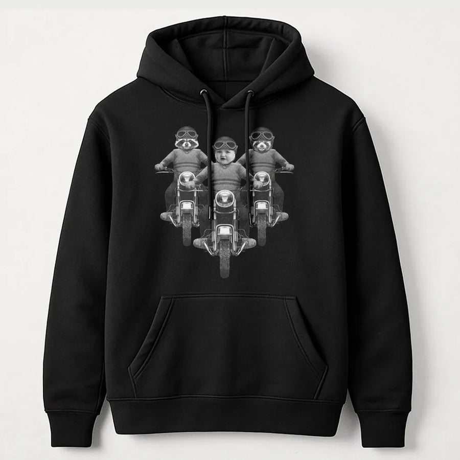 Raccoon Biker Graphic Hoodie | Funny Baby Motorcyclist Illustration | Premium Cotton-Blend Pullover | Unique Animal Gift for Motorcycle Lovers