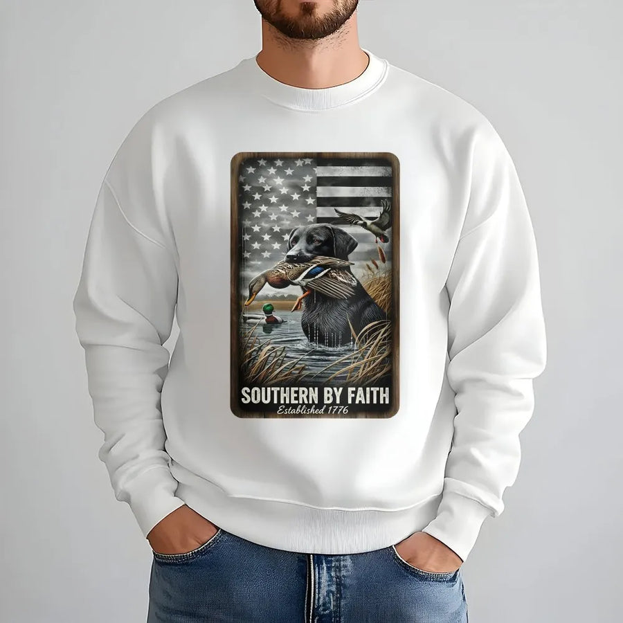 Black Lab Hunting Sweatshirt | Patriotic American Flag Duck Retriever Design | Premium Cotton Blend | Gift for Hunter & Outdoorsman