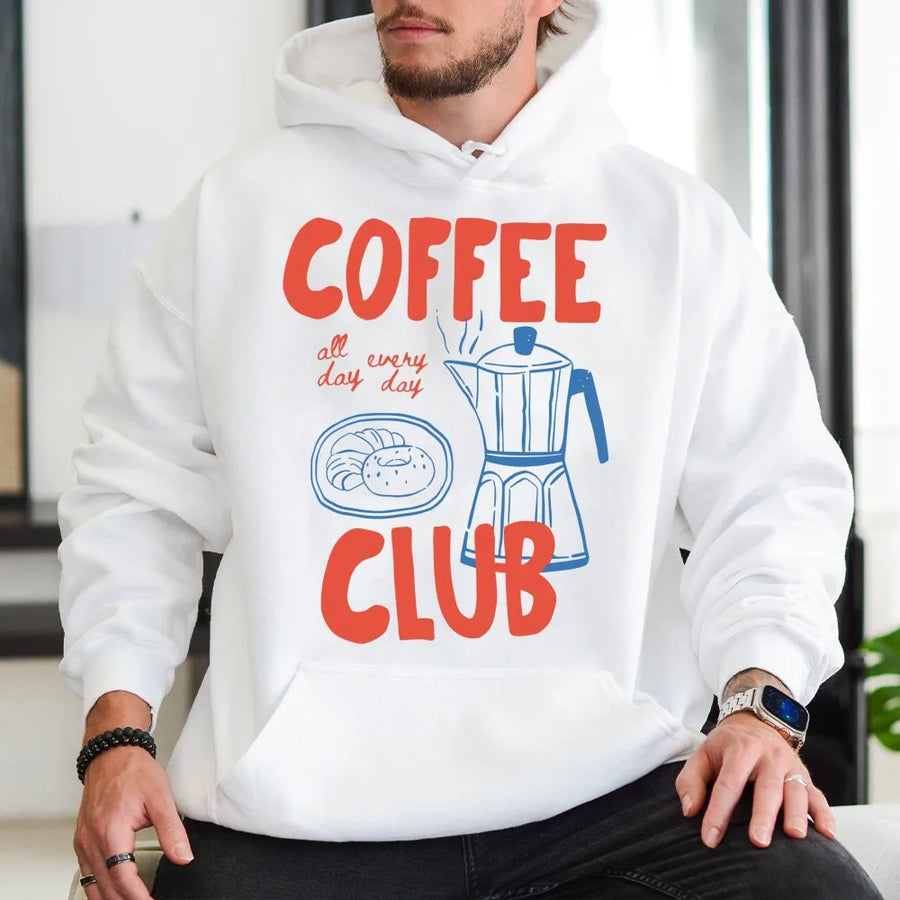 Coffee Club Hoodie | Moka Pot & Pastry Graphic | Premium Cotton Blend | Gift For Coffee Lovers & Baristas