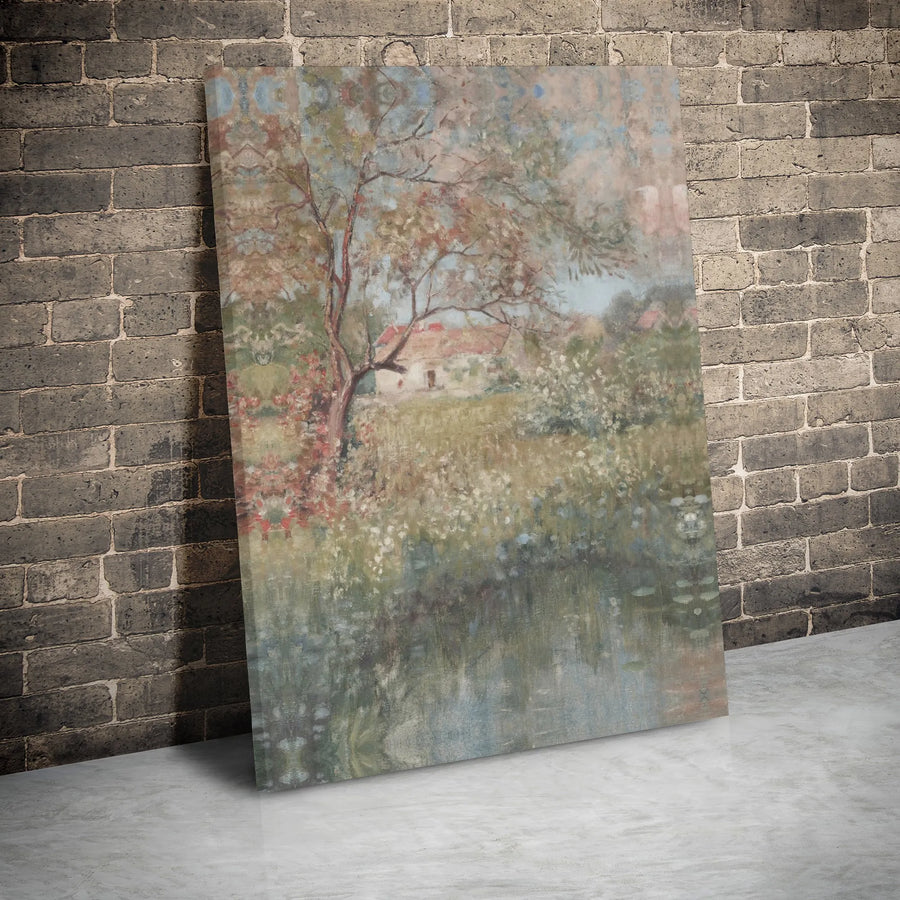 Impressionist Landscape Canvas Print | Cottage by the Pond Oil Painting Style | 1.25" Gallery Wrap | Nature Wall Art for Home Decor