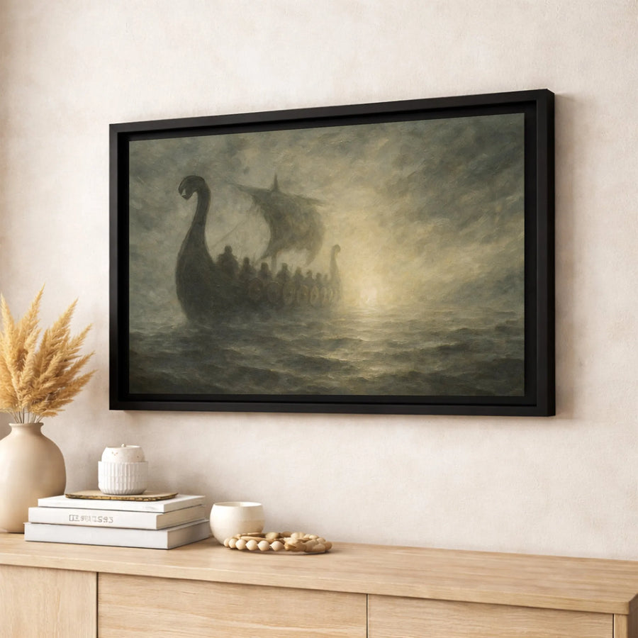 Viking Longship Wall Art | Moody Stormy Ocean Canvas Print | Premium Gallery-Wrapped Decor | Historic Norse Mythology Gift for Men