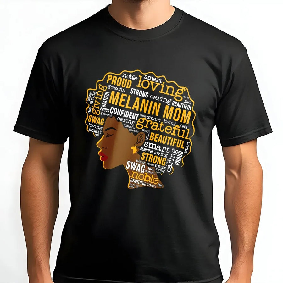 Melanin Mom Afro Art T-Shirt | Empowering Black Mother Typography Design | Premium Soft Cotton Tee | Meaningful Birthday Gift for Mom