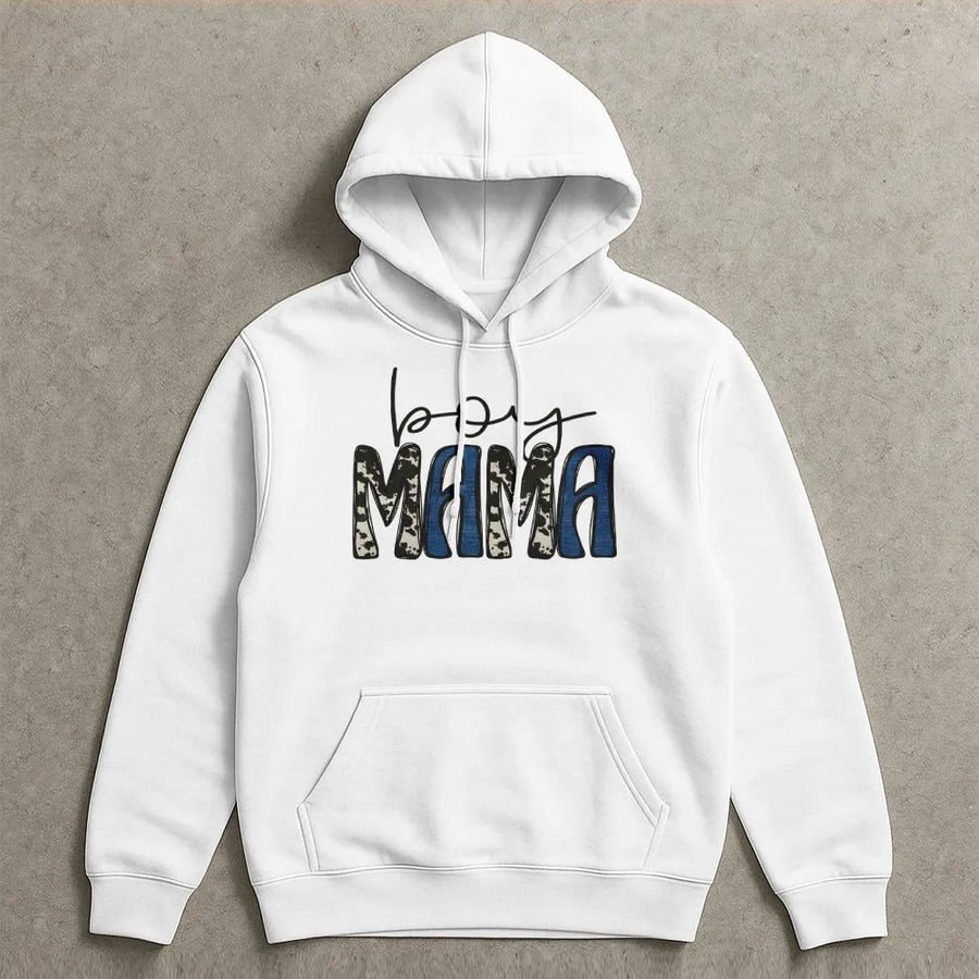 Boy Mama Hoodie | Blue And Cow Print Graphic Design | Premium Cotton-Polyester Blend | Trendy Mother's Day 2026 Gift For New Moms