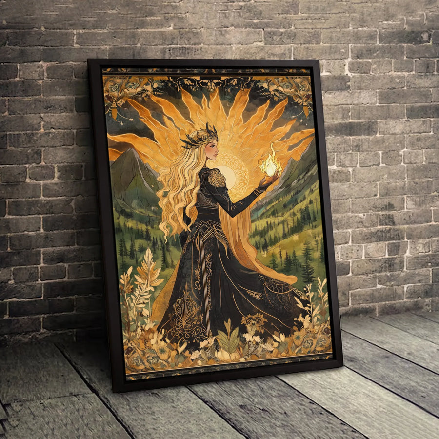 Sun Goddess Wall Art | Fantasy Art Nouveau Flame Print | Premium 1.25-Inch Gallery Canvas | Mythical Forest Decor for Home