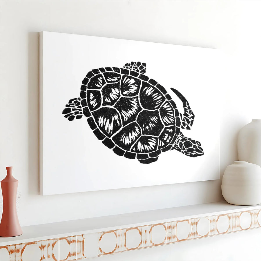Sea Turtle Wall Art | Minimalist Linocut Print | Premium Gallery Wrap Canvas | Coastal Ocean Decor for Beach House Living