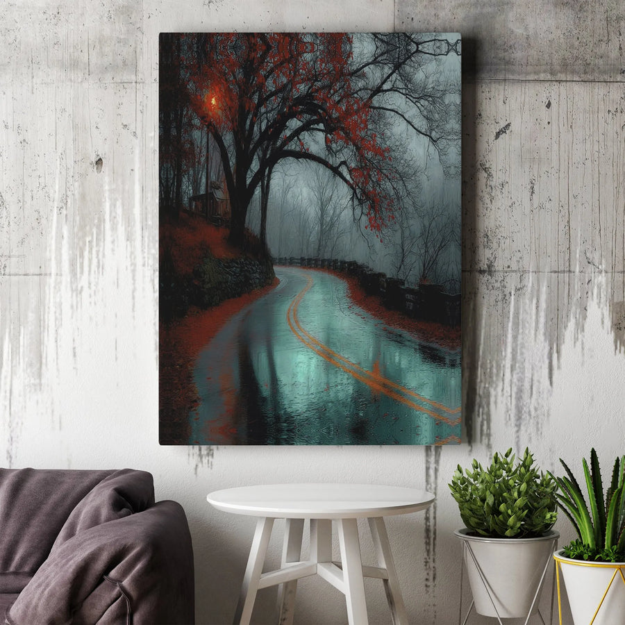 Autumn Forest Road Canvas Print | Foggy Moody Nature Wall Art | 1.25 Inch Gallery Wrap | Premium Landscape Decor for Living Room