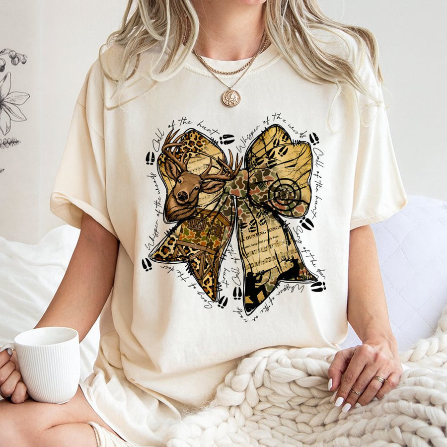 Hunting Coquette Bow T-Shirt | Camo Deer Wildlife Graphic | 100% Cotton Premium Tee | Outdoorsy Gift For Women And Hunters