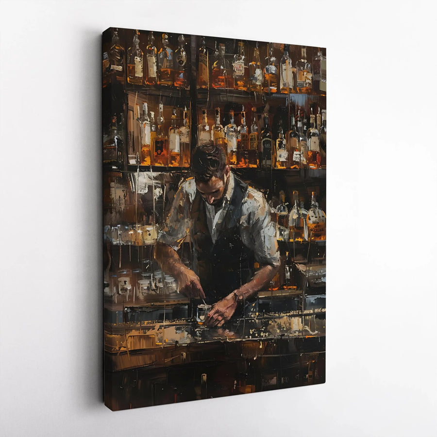 Bartender Canvas Wall Art | Impressionist Whiskey Bar Painting | Premium Gallery Wrapped Decor | Sophisticated Gift for Home Bar Enthusiasts