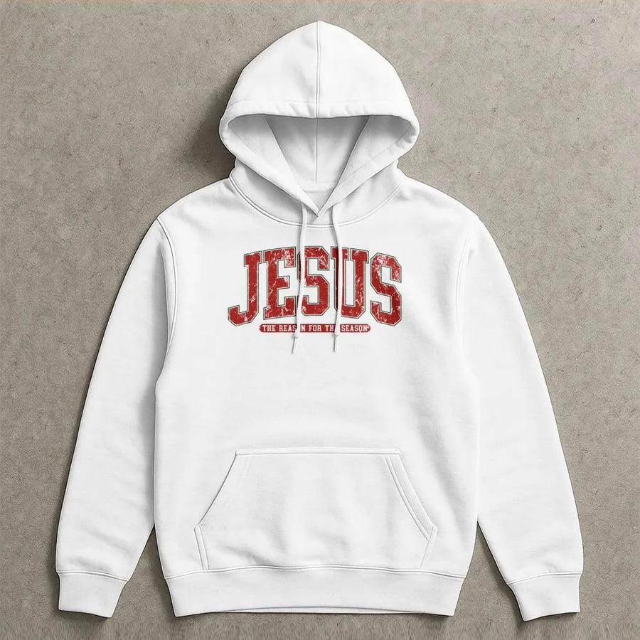 Jesus The Reason For The Season Hoodie | Retro Varsity Text Design | Premium Cotton Blend | Christian Christmas Gift for Men and Women