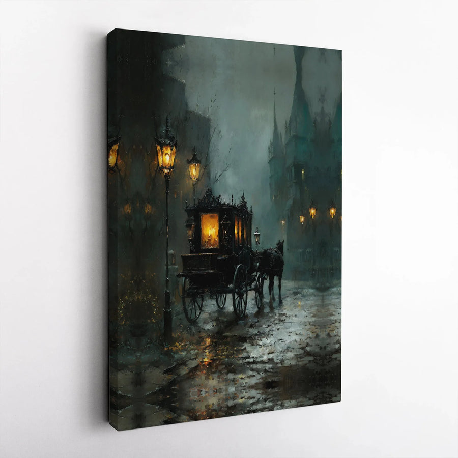 Gothic Horse-Drawn Carriage Canvas Art | Rainy Victorian Street Scene | Premium 1.25 Inch Gallery Wrap | Dark Academia Home Office Decor Gift