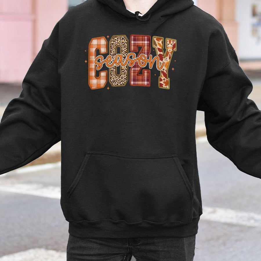 Cozy Season Hoodie | Plaid and Leopard Fall Graphic Design | Premium Cotton Blend | Gift for Her Autumn Sweatshirt