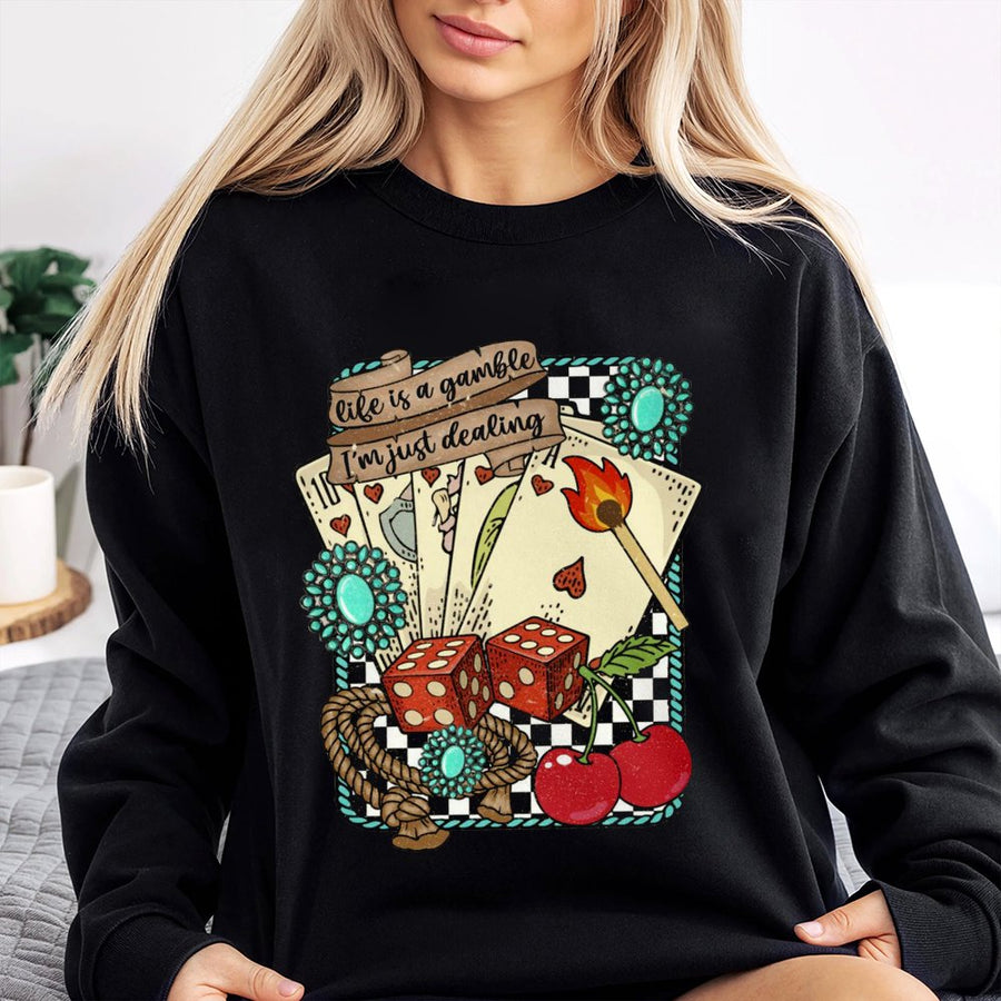 Life Is A Gamble Sweatshirt | Retro Western Playing Cards Graphic | Premium Cotton Blend Crewneck | Country Music Aesthetic Gift For Her