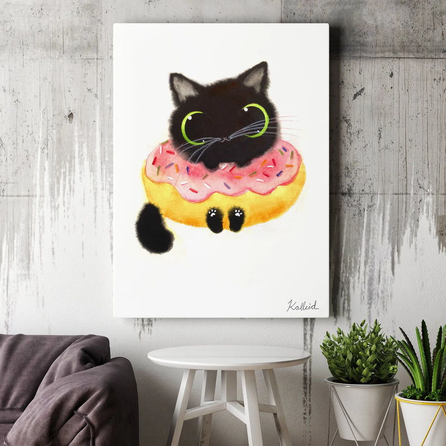 Cute Black Cat Canvas Print | Whimsical Donut Illustration | Premium 1.25-Inch Gallery Wrap | Funny Cat Lover Gift & Wall Art
