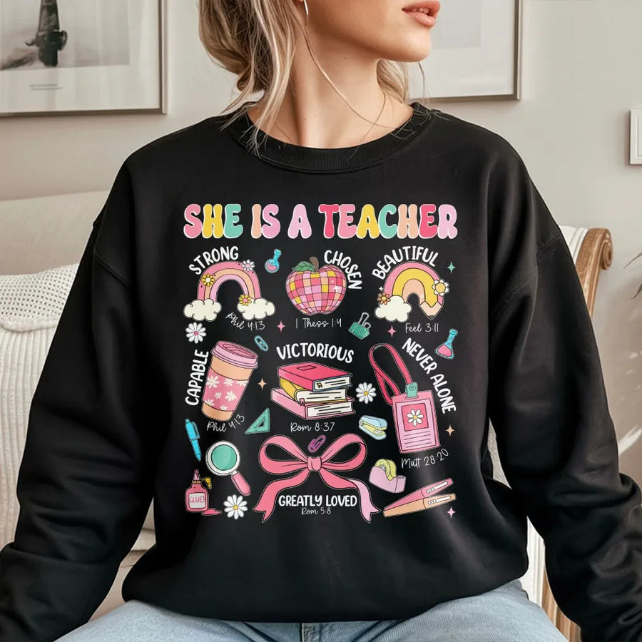 Christian Teacher Sweatshirt | She Is A Teacher Retro Graphic | Soft Cotton Blend Pullover | Inspirational Gift for Educator, Back to School Apparel