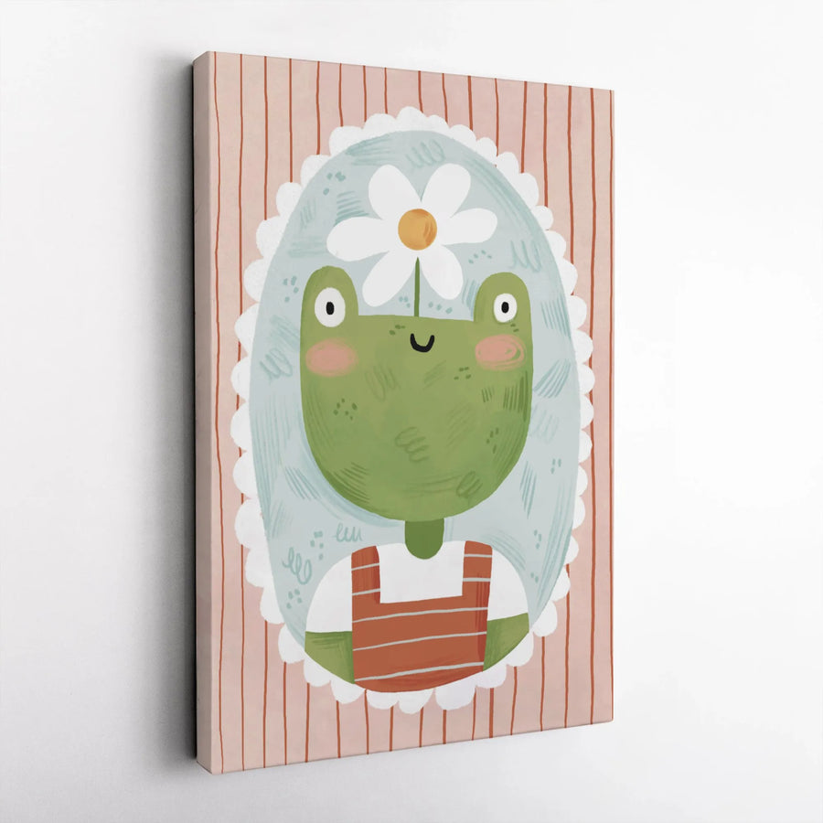 Cute Frog Wall Art | Whimsical Daisy Portrait Canvas | Premium Gallery Wrap Decor | Nursery Or Cottagecore Bedroom Gift