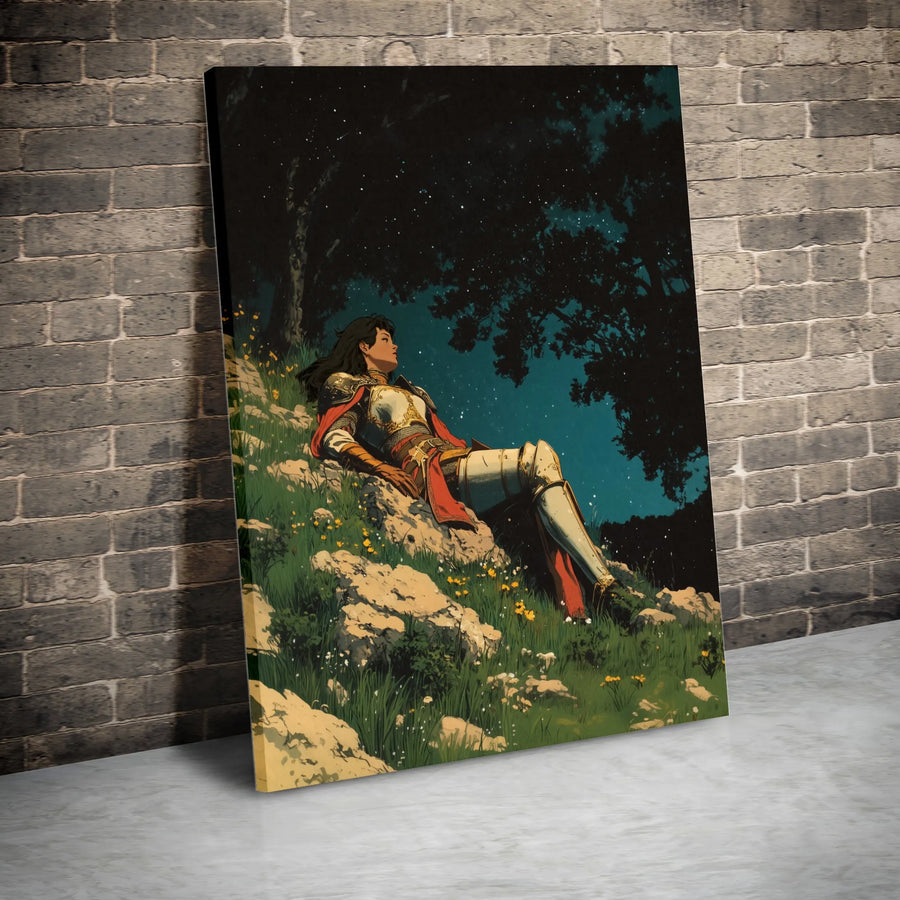 Female Knight Canvas Wall Art | Fantasy Warrior Resting Under Stars | Premium 1.25 Inch Gallery Wrap | Epic Home Decor Gift for RPG Lovers