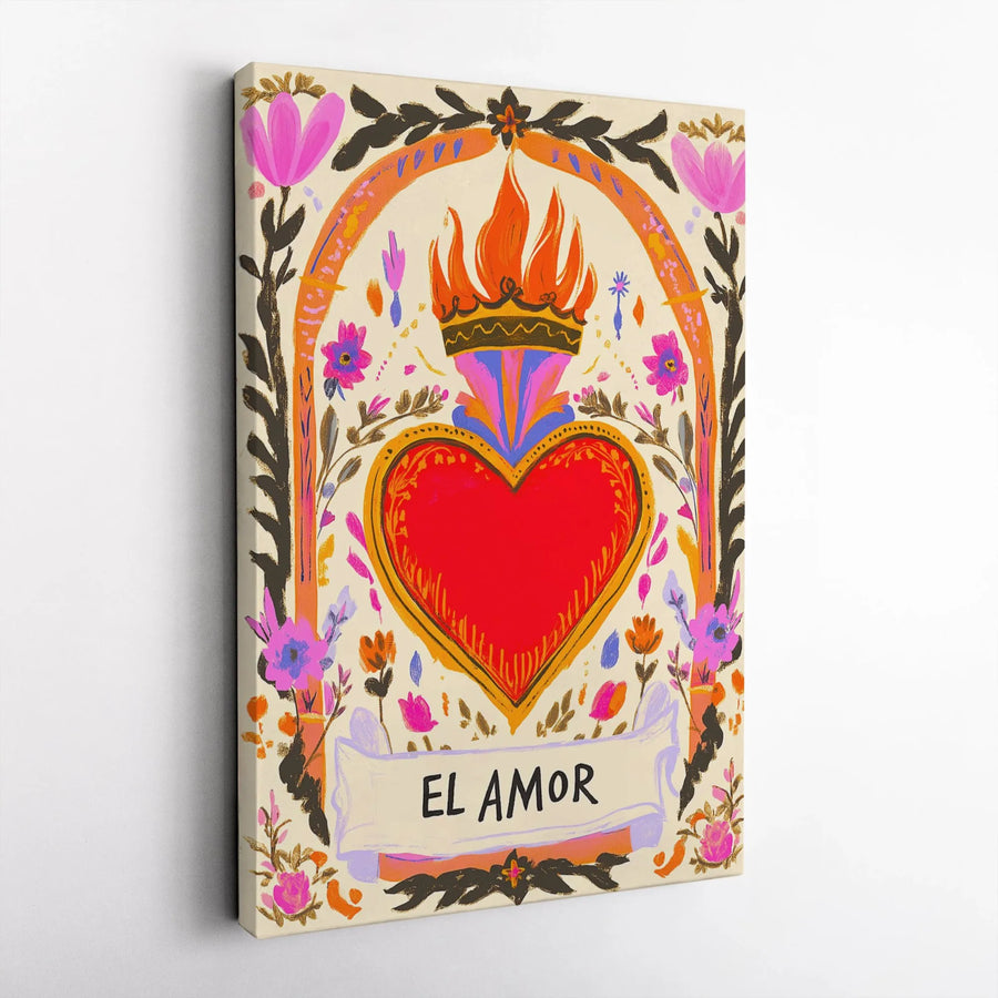 Sacred Heart Canvas Wall Art | El Amor Lotería Style Mexican Folk Art | Premium Gallery Wrapped Canvas | Boho Home Decor Gift