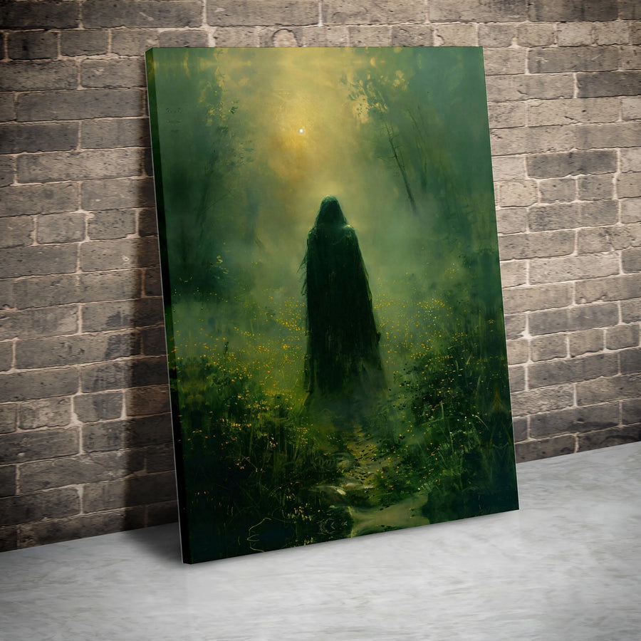 Gothic Ghost Canvas Wall Art | Spectral Figure in Misty Wildflower Field | Premium Frameless Print | Moody Dark Academia Decor Gift